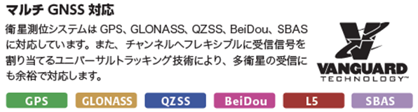 マルチGNSS対応 衛星測位システムはGPS、GLONASS、QZSS、BeiDou、SBASに対応しています。また、チャンネルへフレキシブルに受信信号を割り当てるユニバーサルトラッキング技術により、多衛星の受信にも余裕で対応します。