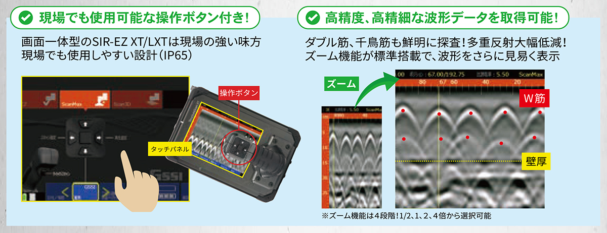 現場でも使用可能な操作ボタン付き！　画面一体型のSIR-EZ XT/LXTは現場の強い味方 現場でも使用しやすい設計(IP65) / 高精度、高精細な波形データを取得可能！　ダブル筋、千鳥筋も鮮明に探査！多重反射大幅低減！ズーム機能が標準搭載で、波形をさらに見易く表示※ズーム機能は4段階！1/2、1、2、4倍から選択可能