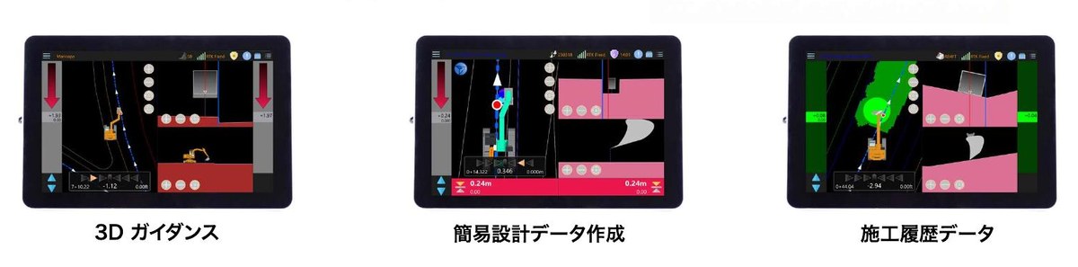 IronTwoディスプレイの3つの機能。3Dガイダンス、簡易設計データ作成、施工履歴データ